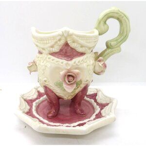 Victorian Ceramic Footed Rose Floral Cup Mug and Saucer